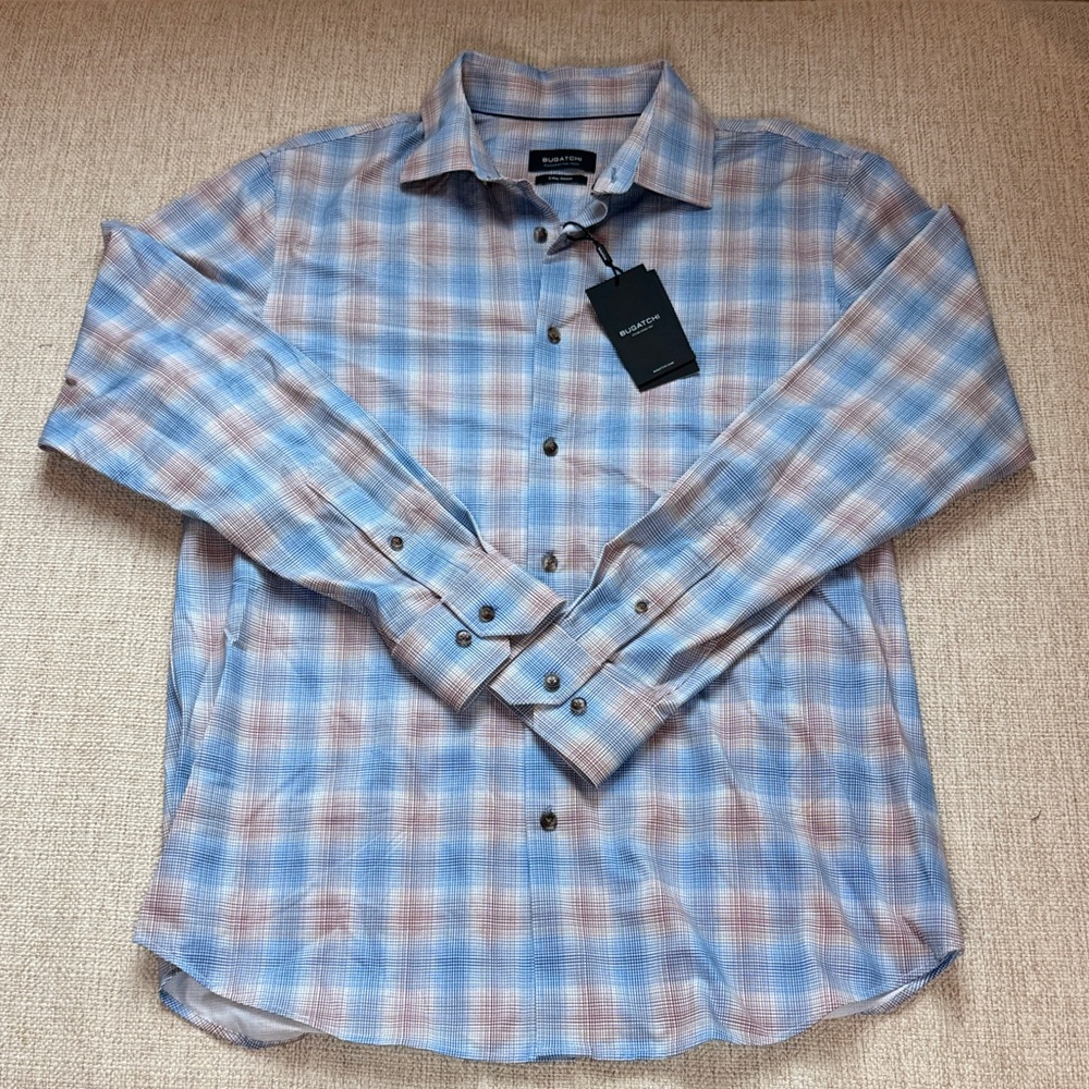 Bugatchi Blue and Tan Plaid Men’s Shirt NWT size L
